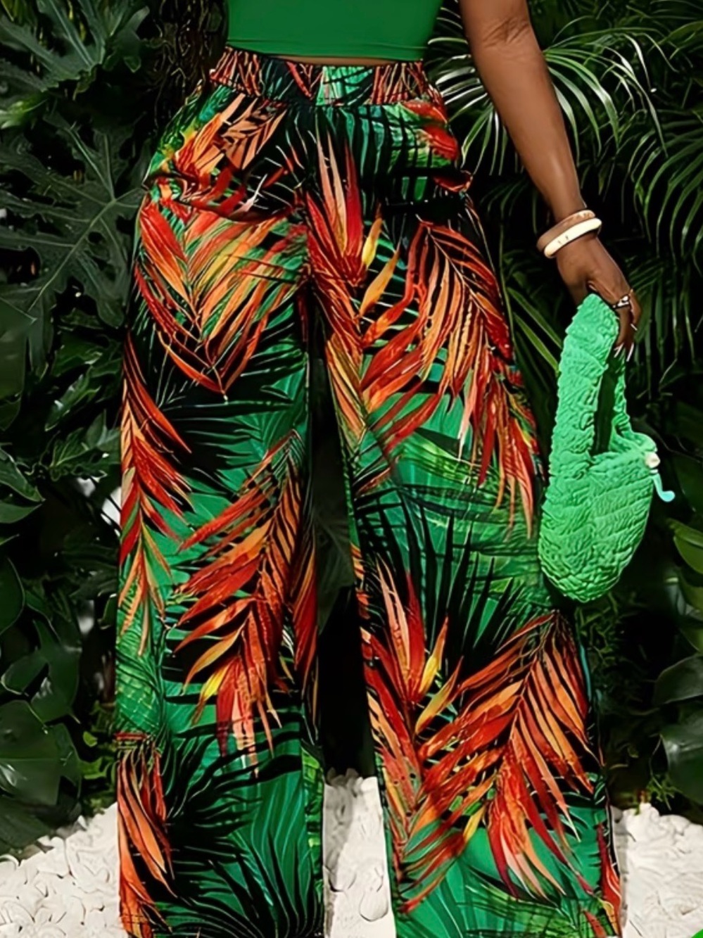 Tropical Print Wide-Leg Pants - Green & Orange